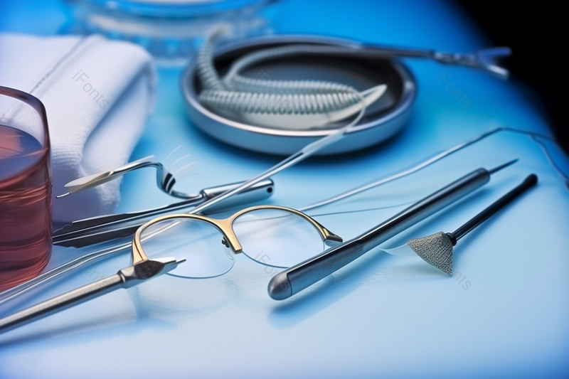 蓝色背景不锈钢医疗牙科工具凌乱摆放摄影图,高清,摄影图,摄影图片,图片大全,摄影图免费下载